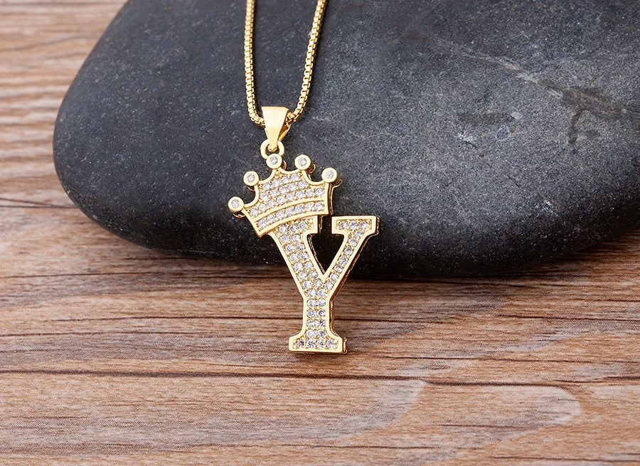 Copper Zircon Initial Crown Necklace – Hip-Hop Alphabet Jewelry for Men and Women