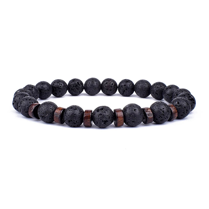 Lava Stone and Wood Bead Bracelet – 8mm Tibetan Buddha Jewelry for Men and Women