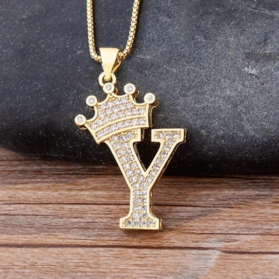 Copper Zircon Initial Crown Necklace – Hip-Hop Alphabet Jewelry for Men and Women