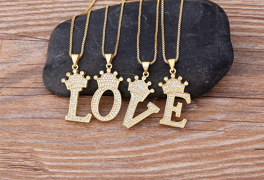 Copper Zircon Initial Crown Necklace – Hip-Hop Alphabet Jewelry for Men and Women