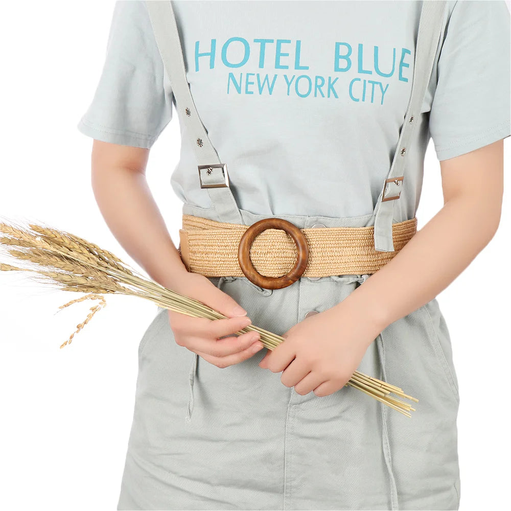 Woven Straw Waist Belt – Round Wooden Buckle for Summer Dress Accessories