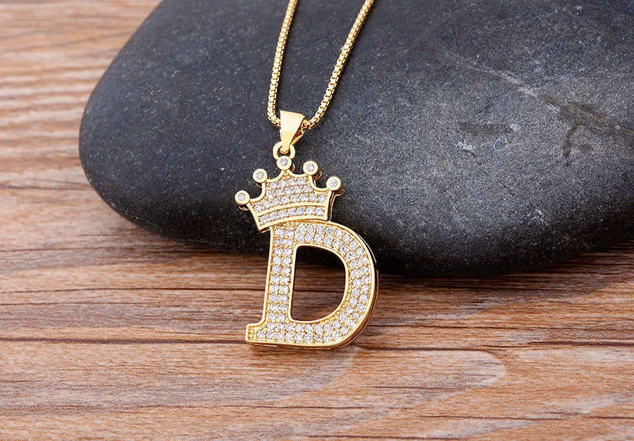 Copper Zircon Initial Crown Necklace – Hip-Hop Alphabet Jewelry for Men and Women