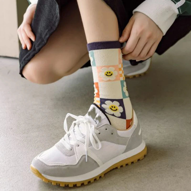 Floral Print Crew Socks – Kawaii Cotton Winter Hosiery for Women