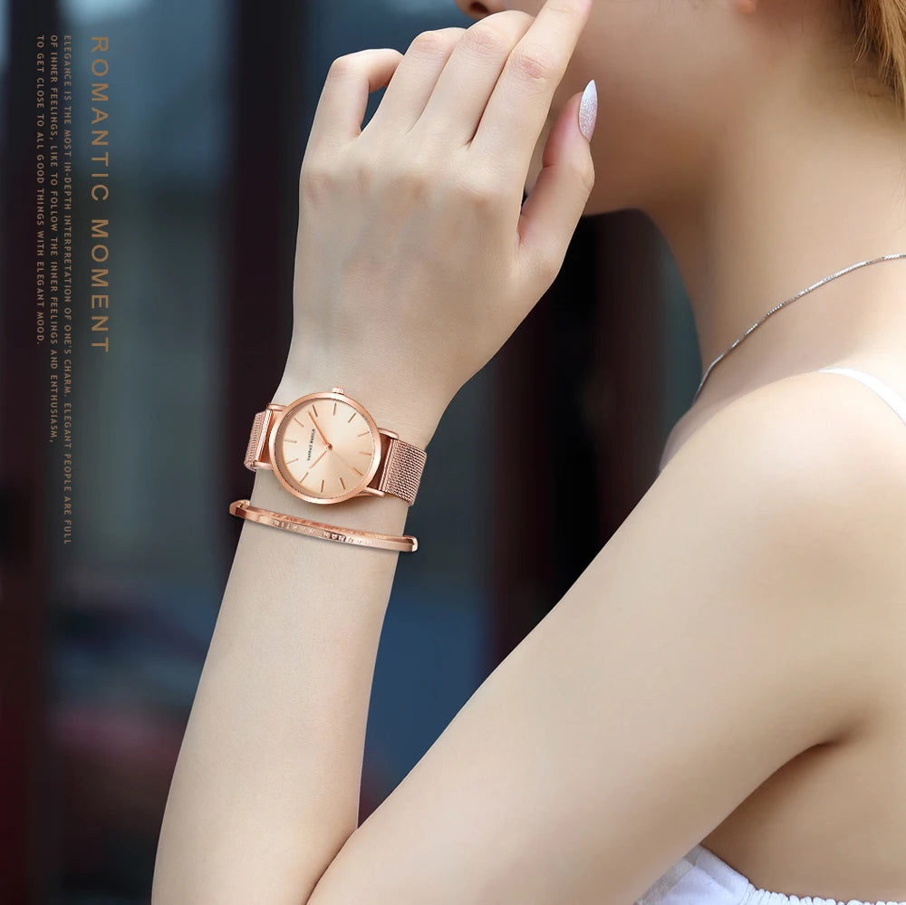 Rose Gold Stainless Steel Watch – Japan Quartz Waterproof for Ladies