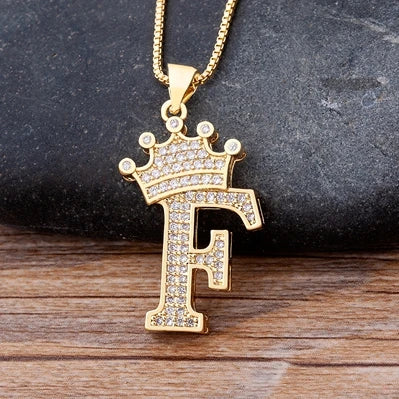 Copper Zircon Initial Crown Necklace – Hip-Hop Alphabet Jewelry for Men and Women