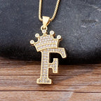 Copper Zircon Initial Crown Necklace – Hip-Hop Alphabet Jewelry for Men and Women