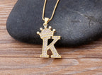 Copper Zircon Initial Crown Necklace – Hip-Hop Alphabet Jewelry for Men and Women