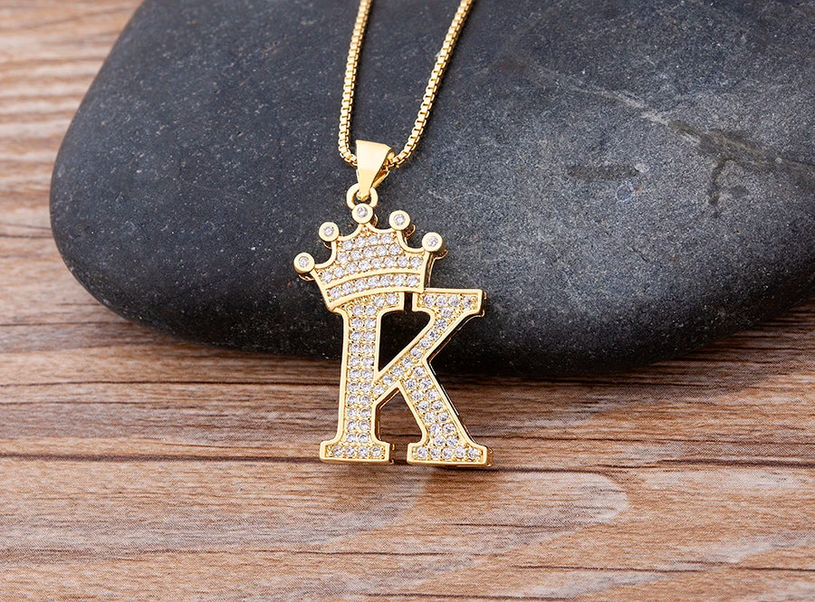 Copper Zircon Initial Crown Necklace – Hip-Hop Alphabet Jewelry for Men and Women
