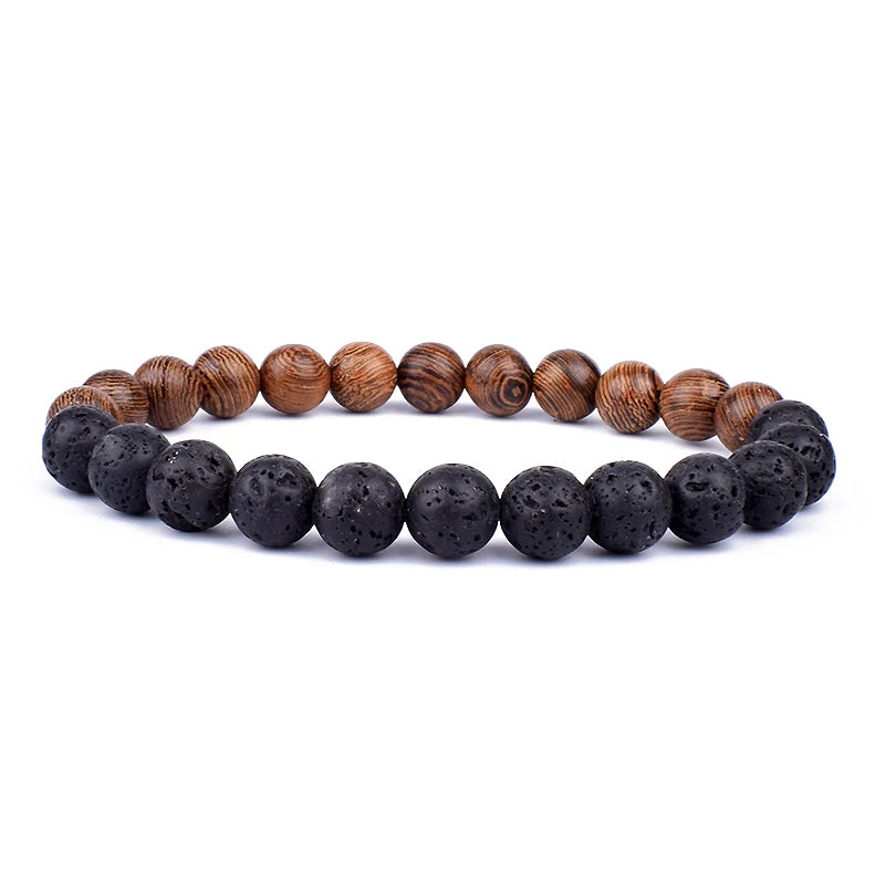 Lava Stone and Wood Bead Bracelet – 8mm Tibetan Buddha Jewelry for Men and Women