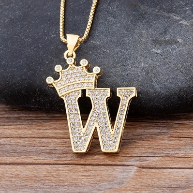 Copper Zircon Initial Crown Necklace – Hip-Hop Alphabet Jewelry for Men and Women