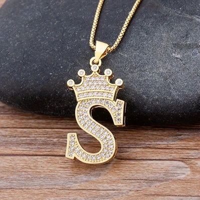 Copper Zircon Initial Crown Necklace – Hip-Hop Alphabet Jewelry for Men and Women