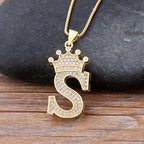 Copper Zircon Initial Crown Necklace – Hip-Hop Alphabet Jewelry for Men and Women
