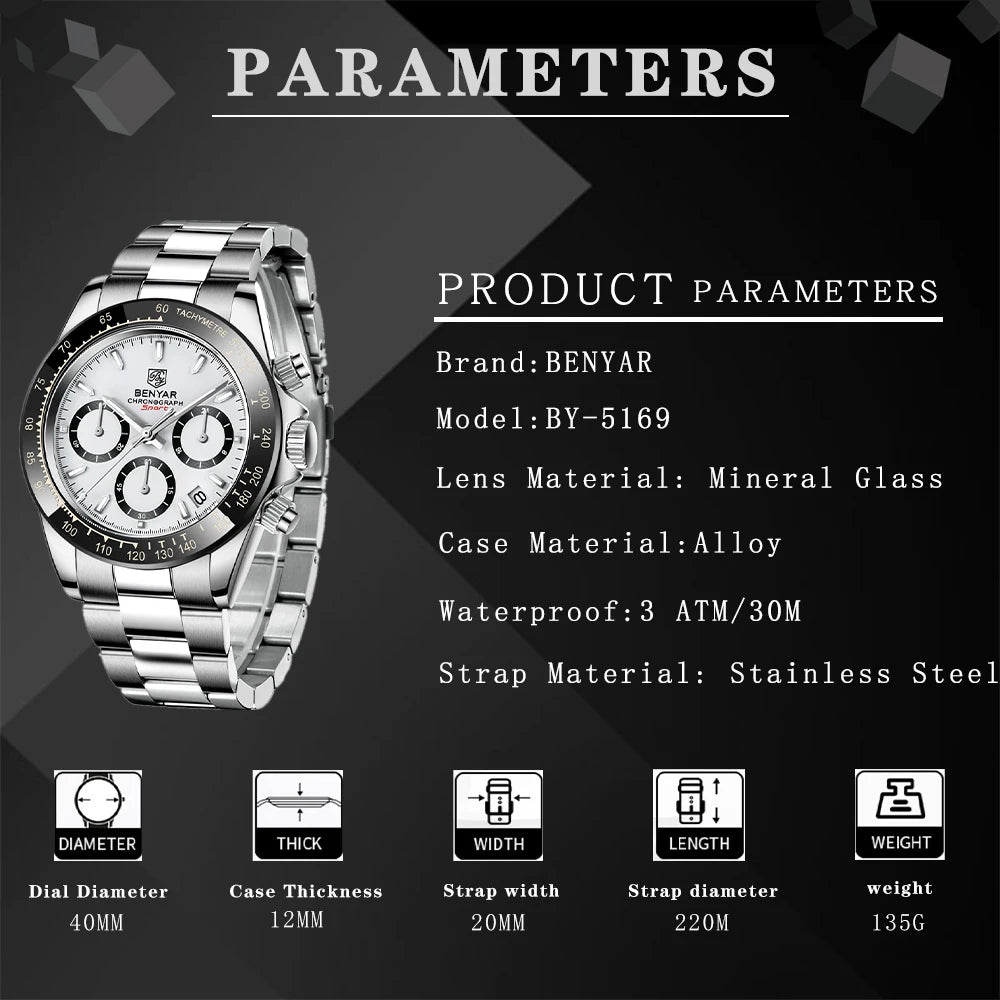 BENYAR Stainless Steel Chronograph Watch – Luxury Quartz for Men