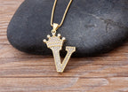Copper Zircon Initial Crown Necklace – Hip-Hop Alphabet Jewelry for Men and Women