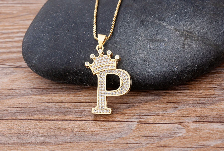 Copper Zircon Initial Crown Necklace – Hip-Hop Alphabet Jewelry for Men and Women