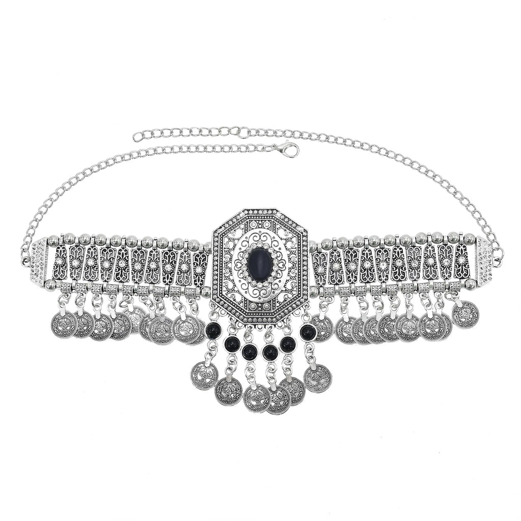 Boho silver choker necklace with black gemstone and dangling coin charms