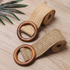 Woven Straw Waist Belt – Round Wooden Buckle for Summer Dress Accessories