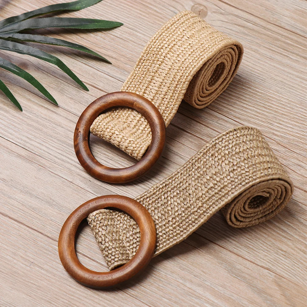 Woven Straw Waist Belt – Round Wooden Buckle for Summer Dress Accessories