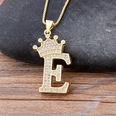 Copper Zircon Initial Crown Necklace – Hip-Hop Alphabet Jewelry for Men and Women