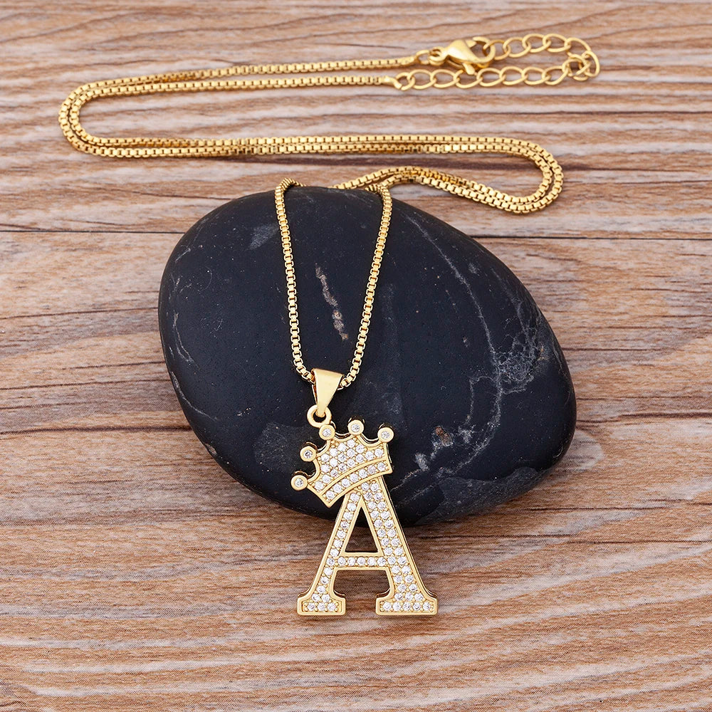 Copper Zircon Initial Crown Necklace – Hip-Hop Alphabet Jewelry for Men and Women