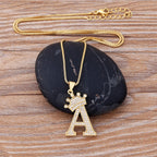 Copper Zircon Initial Crown Necklace – Hip-Hop Alphabet Jewelry for Men and Women