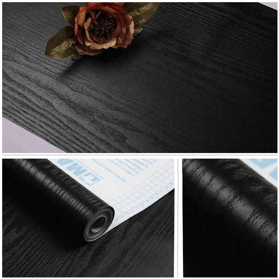 Black Wood Grain PVC Wallpaper – Self-Adhesive Film for Kitchen Cabinets