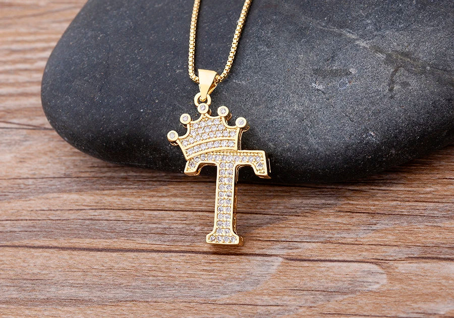 Copper Zircon Initial Crown Necklace – Hip-Hop Alphabet Jewelry for Men and Women
