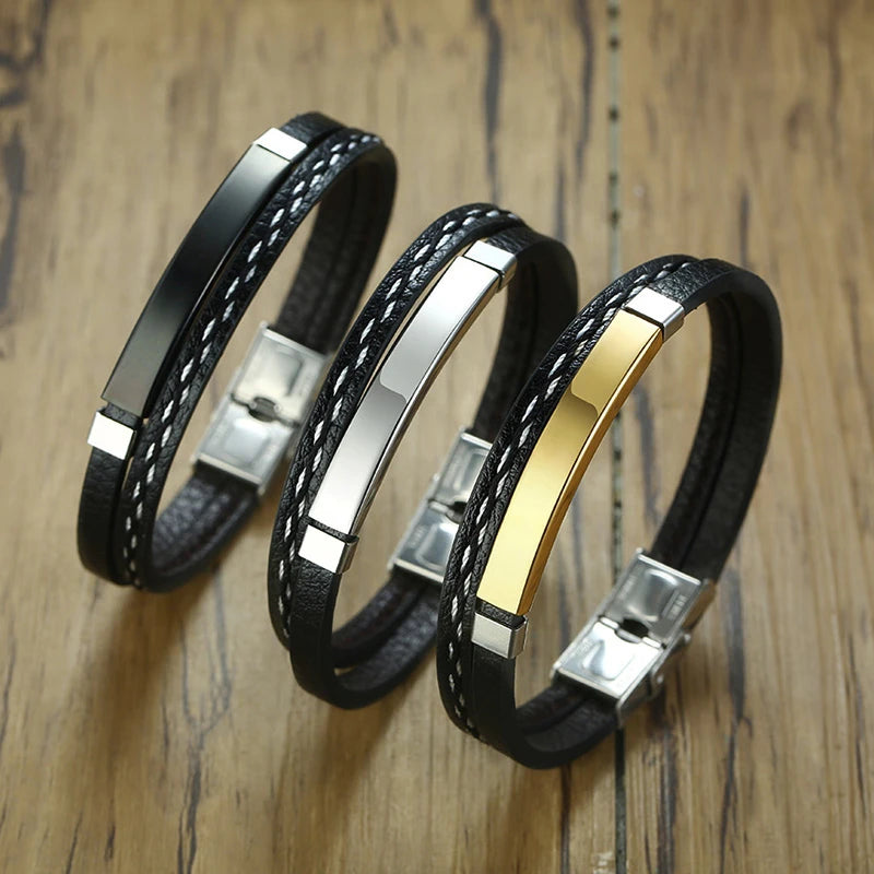 Genuine Leather Bar Bracelet – Stainless Steel Layered Bangle for Men Women
