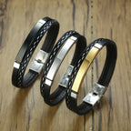 Genuine Leather Bar Bracelet – Stainless Steel Layered Bangle for Men Women