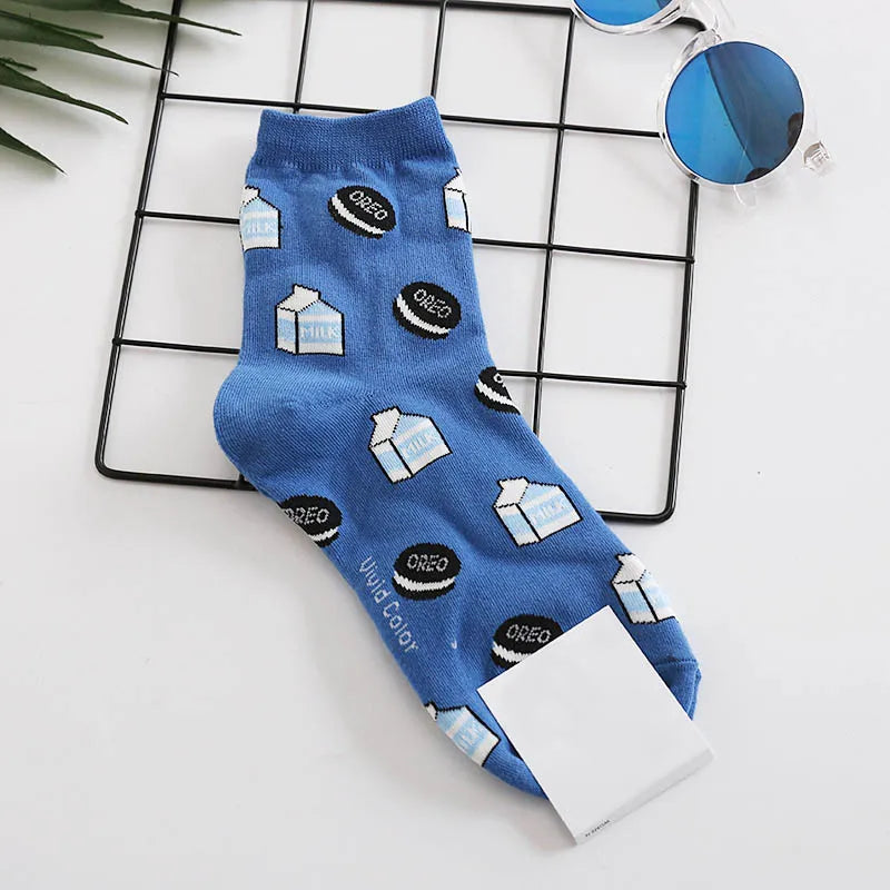 Novelty Food Print Crew Socks – Funny Cartoon Cotton Socks for Casual Wear