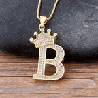 Copper Zircon Initial Crown Necklace – Hip-Hop Alphabet Jewelry for Men and Women