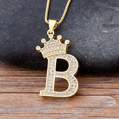 Copper Zircon Initial Crown Necklace – Hip-Hop Alphabet Jewelry for Men and Women