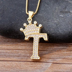 Copper Zircon Initial Crown Necklace – Hip-Hop Alphabet Jewelry for Men and Women