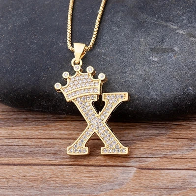 Copper Zircon Initial Crown Necklace – Hip-Hop Alphabet Jewelry for Men and Women