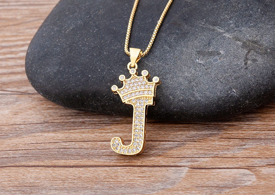 Copper Zircon Initial Crown Necklace – Hip-Hop Alphabet Jewelry for Men and Women