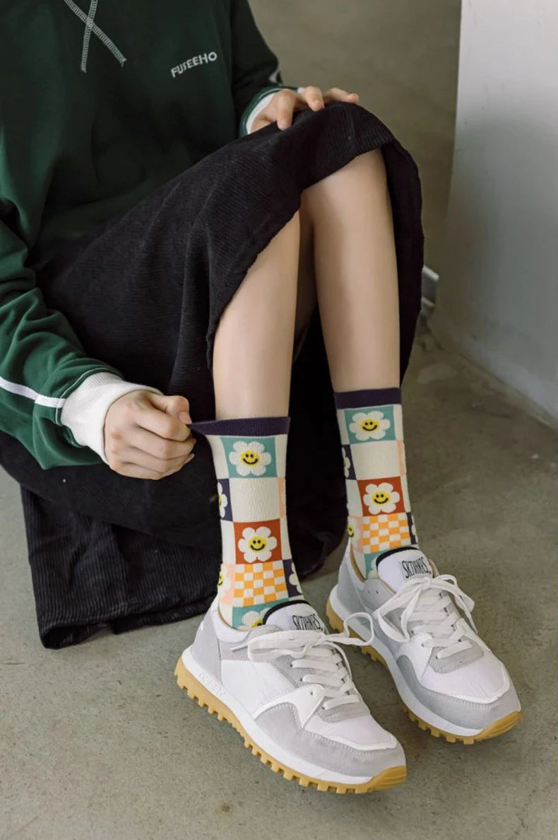 Floral Print Crew Socks – Kawaii Cotton Winter Hosiery for Women