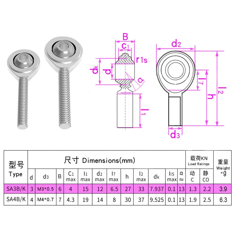 Fisheye Ball Bearing Rod Ends – M3 M4 Female Thread for 3D Printer Parts