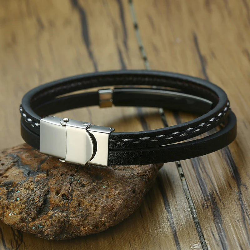 Genuine Leather Bar Bracelet – Stainless Steel Layered Bangle for Men Women