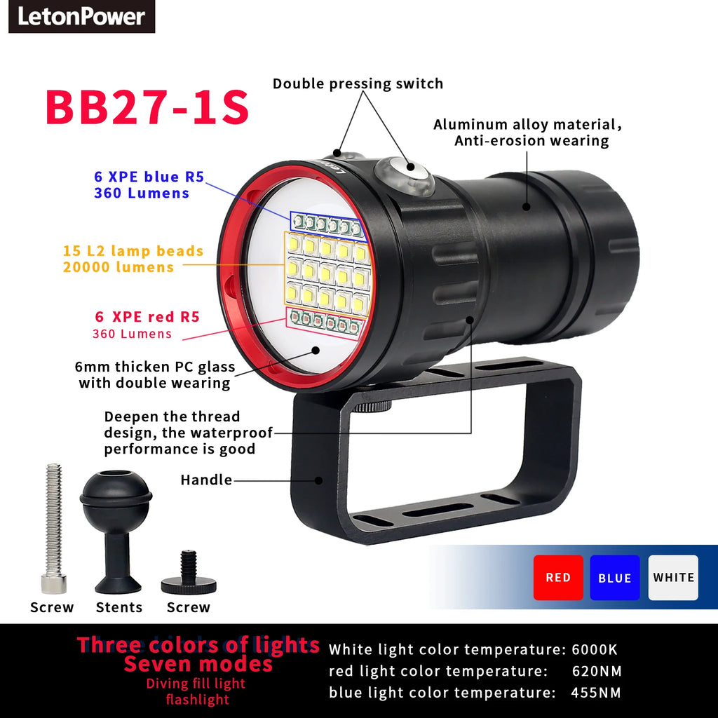 Underwater LED Photography Light – 20000LM Waterproof Video Torch for Diving
