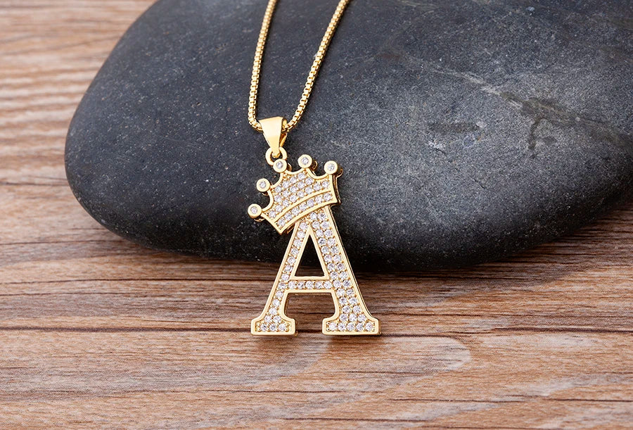 Copper Zircon Initial Crown Necklace – Hip-Hop Alphabet Jewelry for Men and Women