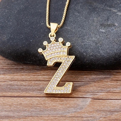 Copper Zircon Initial Crown Necklace – Hip-Hop Alphabet Jewelry for Men and Women