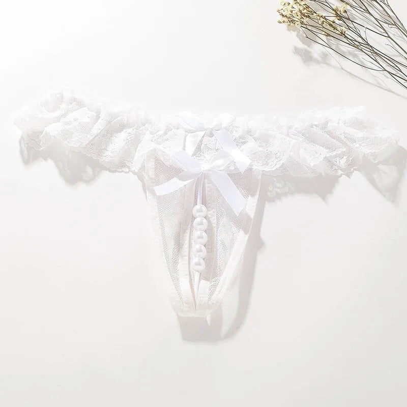 Lace G-String Thong – Pearl Back Bow Details for Sexy Lingerie