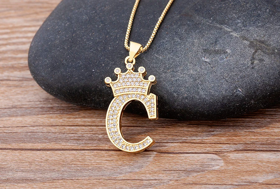 Copper Zircon Initial Crown Necklace – Hip-Hop Alphabet Jewelry for Men and Women