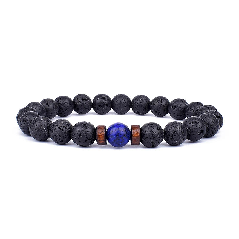 Lava Stone and Wood Bead Bracelet – 8mm Tibetan Buddha Jewelry for Men and Women