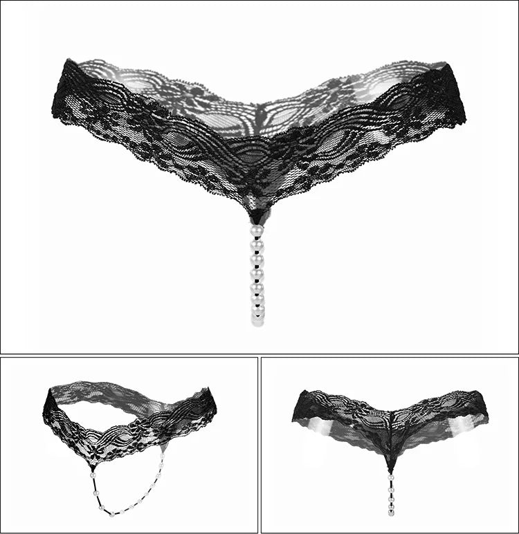 Lace G-String Thong – Pearl Back Bow Details for Sexy Lingerie