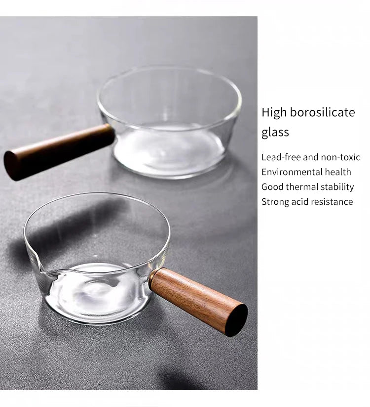 Glass Milk Pot with Wooden Handle – Heat Resistant Cookware for Kitchen Use