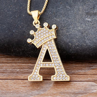 Copper Zircon Initial Crown Necklace – Hip-Hop Alphabet Jewelry for Men and Women