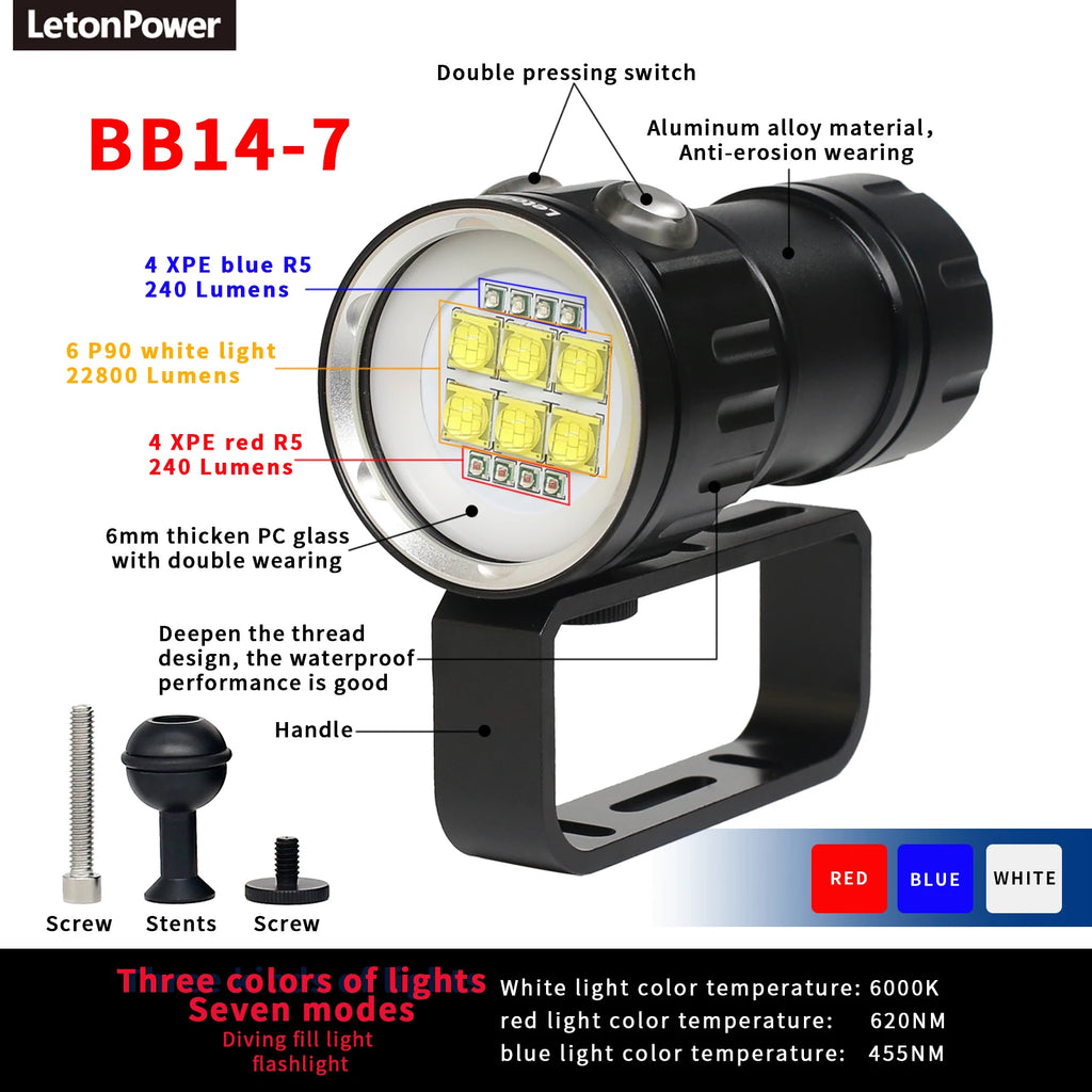 Underwater LED Photography Light – 20000LM Waterproof Video Torch for Diving