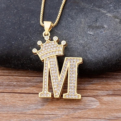 Copper Zircon Initial Crown Necklace – Hip-Hop Alphabet Jewelry for Men and Women