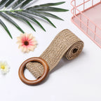 Woven Straw Waist Belt – Round Wooden Buckle for Summer Dress Accessories